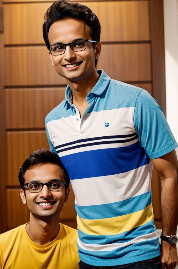 Generate an image of Sandeep Maheshwari, an Indian motivational speaker and YouTuber known for his inspirational talks. He is a young man with a friendly demeanor, often seen wearing casual clothes like a t-shirt or a shirt with glasses. The image should capture his positive and energetic personality, possibly with a warm smile and expressive gestures, in a professional yet approachable setting, such as a stage or an informal speaking environment."You can adjust the details according to the specific requirements or preferences you have in mind for the image.