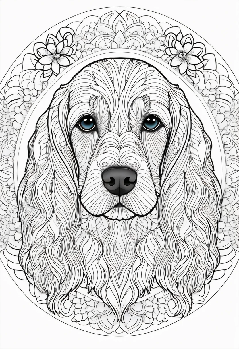 A striking black and white line art coloring page designed for adults with white background, featuring a majestic cocker spaniel in a mandala-inspired style. The cocker spaniel is adorned with intricate patterns that include floral and geometric designs, making it an engaging and detailed work of art. The illustration focuses on crisp, clean lines and bold outlines, without any shading or color, allowing the user to bring their own vibrancy to the piece. The minimalistic design, with its thick lines and absence of background details, creates a soothing coloring experience for adults seeking calming and creative activities. illustration