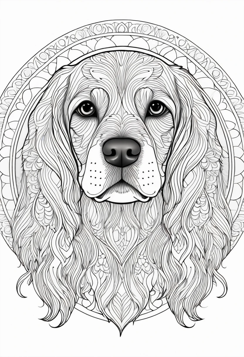 A striking black and white line art coloring page designed for adults with white background, featuring a majestic cocker spaniel in a mandala-inspired style. The cocker spaniel is adorned with intricate patterns that include floral and geometric designs, making it an engaging and detailed work of art. The illustration focuses on crisp, clean lines and bold outlines, without any shading or color, allowing the user to bring their own vibrancy to the piece. The minimalistic design, with its thick lines and absence of background details, creates a soothing coloring experience for adults seeking calming and creative activities. illustration