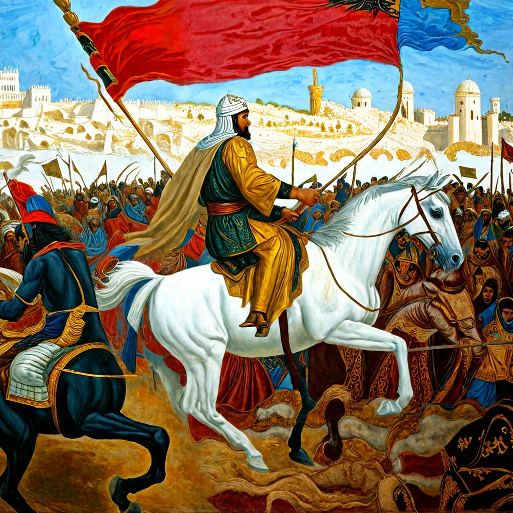 painting of a man on a horse holding a flag in a battle, epic biblical depiction, the fall of constantinople, orientalist painting, by Kamāl ud-Dīn Behzād, in battle, artist unknown, by Abdullah Gërguri, by José Malhoa, by Juan Giménez, by Viktor de Jeney