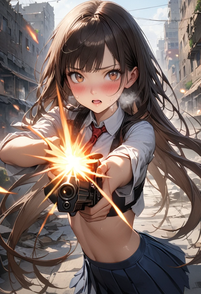 Action Scenes、((A detailed depiction of a woman holding a handgun))、((masterpiece,Highest quality:1.3,best quality illustratio)),realistic,cowboy shot,独奏,1woman,(18-year-old、Japanese Beauty),dark brown hair,long hair,bangs,brown eyes,gorgeous eyes,(very small head:1.3),blush,Heavy breathing,(very long body:1.2,skinny),medium breasts,(Red ribbon tie、White long sleeve collared shirt、Navy blue pleated mini skirt),gleaming skin,toned body,slender body,sweat,(shooting、Firing stance),Ruined city、Collapsed building、、World of Blade Runner、