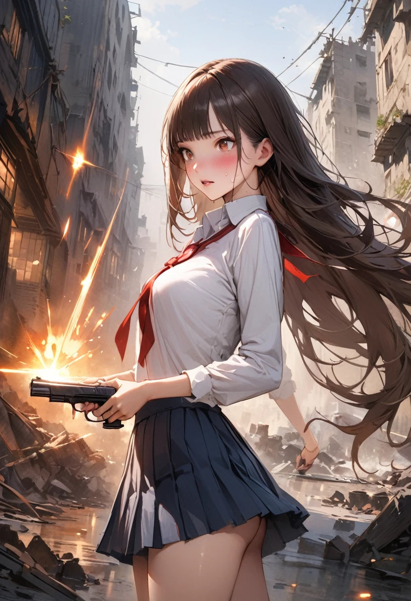 Action Scenes、((A detailed depiction of a woman holding a handgun))、((masterpiece,Highest quality:1.3,best quality illustratio)),realistic,cowboy shot,独奏,1woman,(18-year-old、Japanese Beauty),dark brown hair,long hair,bangs,brown eyes,gorgeous eyes,(very small head:1.3),blush,Heavy breathing,(very long body:1.2,skinny),medium breasts,(Red ribbon tie、White long sleeve collared shirt、Navy blue pleated mini skirt),gleaming skin,toned body,slender body,sweat,(shooting、Firing stance),Ruined city、Collapsed building、、World of Blade Runner、