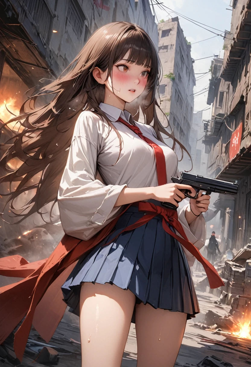 Action Scenes、((A detailed depiction of a woman holding a handgun))、((masterpiece,Highest quality:1.3,best quality illustratio)),realistic,cowboy shot,独奏,1woman,(18-year-old、Japanese Beauty),dark brown hair,long hair,bangs,brown eyes,gorgeous eyes,(very small head:1.3),blush,Heavy breathing,(very long body:1.2,skinny),medium breasts,(Red ribbon tie、White long sleeve collared shirt、Navy blue pleated mini skirt),gleaming skin,toned body,slender body,sweat,(shooting、Firing stance),Ruined city、Collapsed building、、World of Blade Runner、