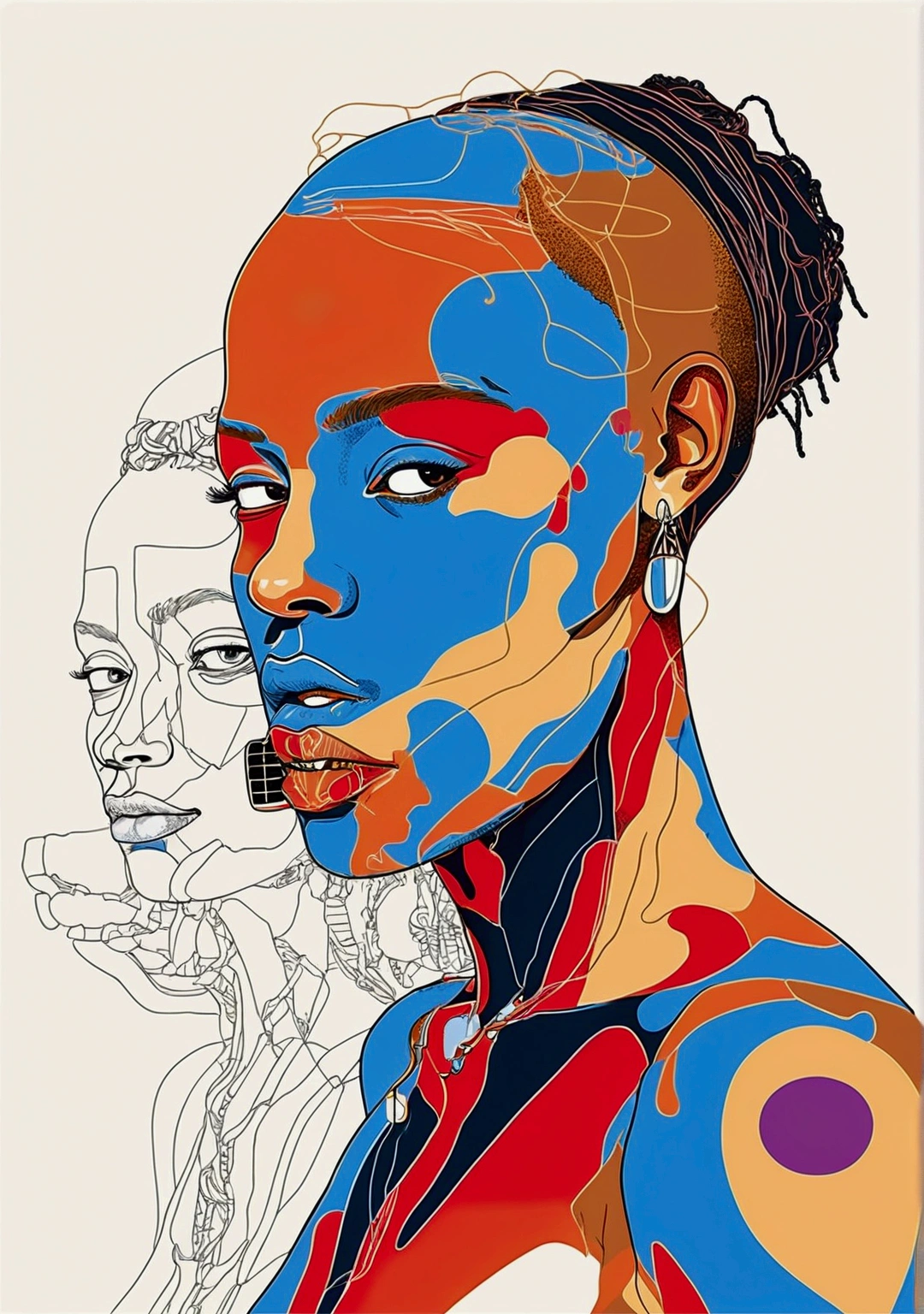An illustration of a sexy naked woman in the style of Jean-Michel Basquiat, with colorful lines, line art, and flat design using vector graphics on a white background. The portrait is colorful and bold with hyper-realistic details and a symmetrical composition. It uses bold outlines and clean lines with a red, blue, green and orange palette. The detailed facial features appear to be done by hand drawing