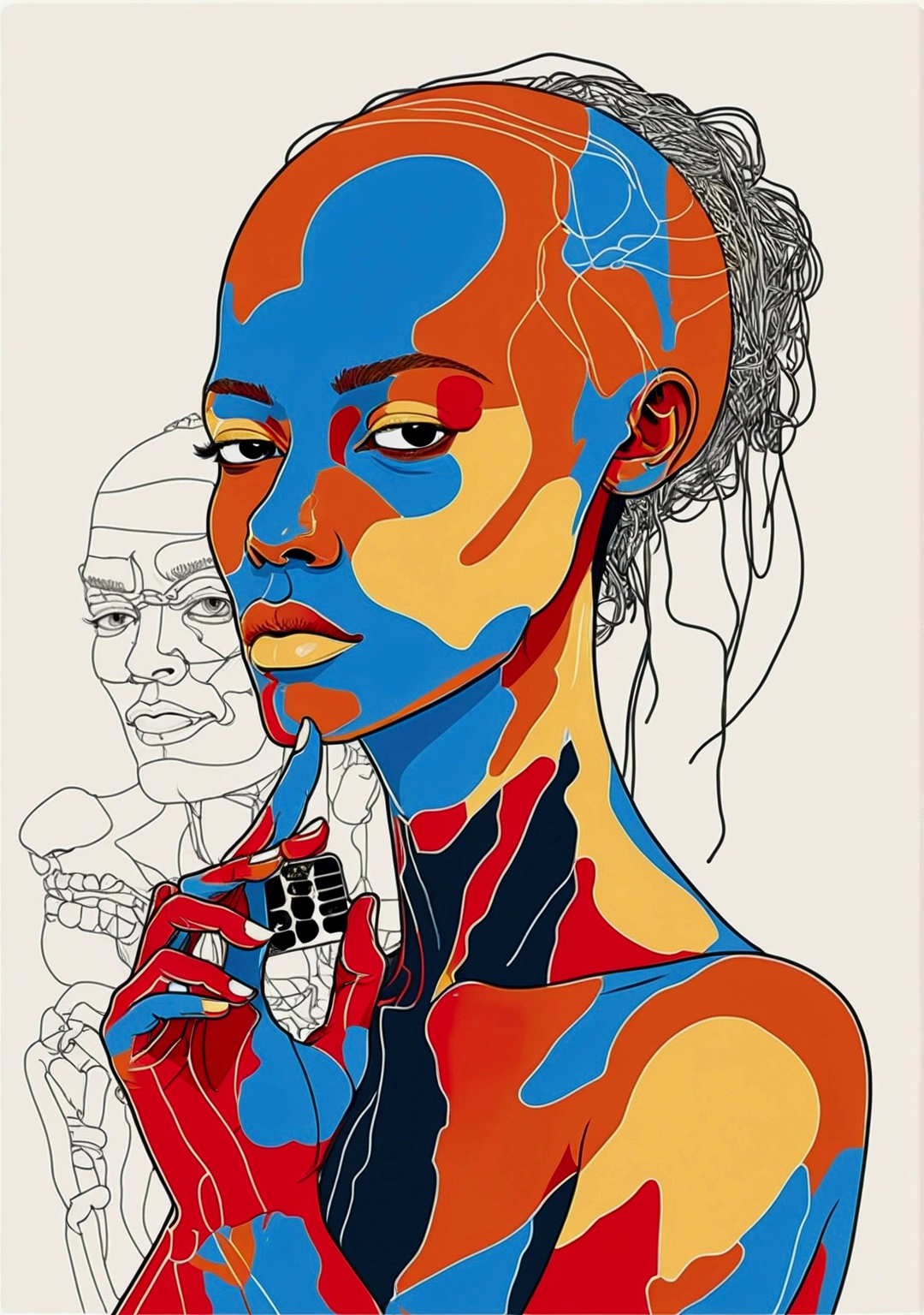 An illustration of a sexy naked woman in the style of Jean-Michel Basquiat, with colorful lines, line art, and flat design using vector graphics on a white background. The portrait is colorful and bold with hyper-realistic details and a symmetrical composition. It uses bold outlines and clean lines with a red, blue, green and orange palette. The detailed facial features appear to be done by hand drawing