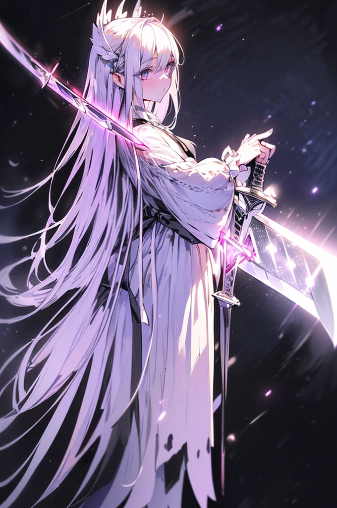 white gothic lolita angel of punishment, long white hair, purple eyes, 4 wings, (((((holding a longsword))))), mature, slim, tall, (best quality,4K,8K,mackerel,masterpiece:1.2),very detailed,(realistic,photorealistic,photo-realistic:1.37),intricate details,Contrast lighting,cinematic lighting,dramatic shadows,surreal,mysterious,ethereal
