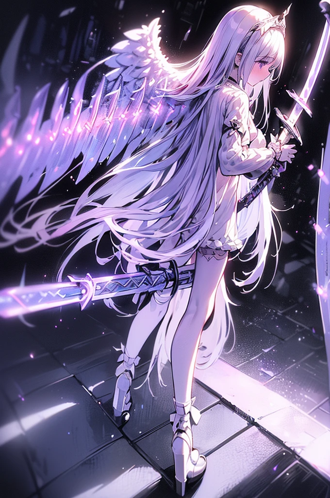 white gothic lolita angel of punishment, long white hair, purple eyes, 4 wings, (((((holding a longsword))))), mature, slim, tall, (best quality,4K,8K,mackerel,masterpiece:1.2),very detailed,(realistic,photorealistic,photo-realistic:1.37),intricate details,Contrast lighting,cinematic lighting,dramatic shadows,surreal,mysterious,ethereal