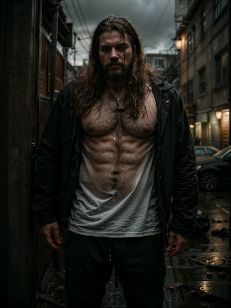 A behemoth of a man, beard wild and unkempt, hair disheveled as if ravaged by the storm, emerges from the shadows of a rain-soaked alley, his tattered rags clinging to his massive frame. Amidst the desolate backdrop, an eerie glow from a distant streetlamp casts an ominous light on his imposing figure, his eyes ablaze with vengeance yet devoid of malice as he stands tall, drawing the chill from the air.