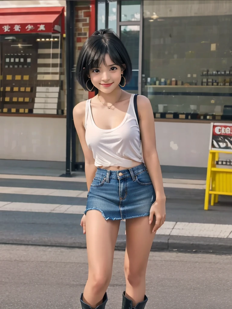 Highest quality, High resolution, girl, alone, Black Hair, Brown Eye, short hair, Cute Smile，Earrings, Denim mini skirt, Tank top shirt,  Small breasts, Cowboy Shot, She is wearing black short boots，ステージにaloneスポットライトを浴びている,Standing posture from feet to whole body