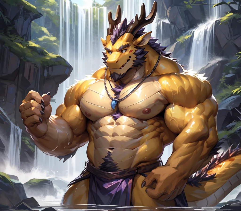 ((best quality)), ((masterpiece)), (ultra detailed),perfect face,antro oriental dragon:2.5, male , (((chinese dragon))):2.5, (((eastern dragon))):2.5,((yellow body)), (strong beefy muscular body), (abs, strongmuscles, 8 pack), furry, handsome,Beautiful and delicate eyes, (ultra detailed eyes, (mauve color):0.2 eyes, sharp eyes), night, detailed scene,full body, shirtless, topless, pink nipples, (by null-ghost,by traver009,by lindong,by pino daeni), (full body), wearing random pattern necklace, claws, ((fluffy fur, fluffy, furry body)), majestic, (a pair of dragon antler), upper body naked, muscular male, (loincloth, with purple pattern :0.8), big fellow, huge body, handsome,handsome, majestic, barbarous, anime, hairy, male, by the waterfall, bathing, full body,(Great physique), sweating:1.8