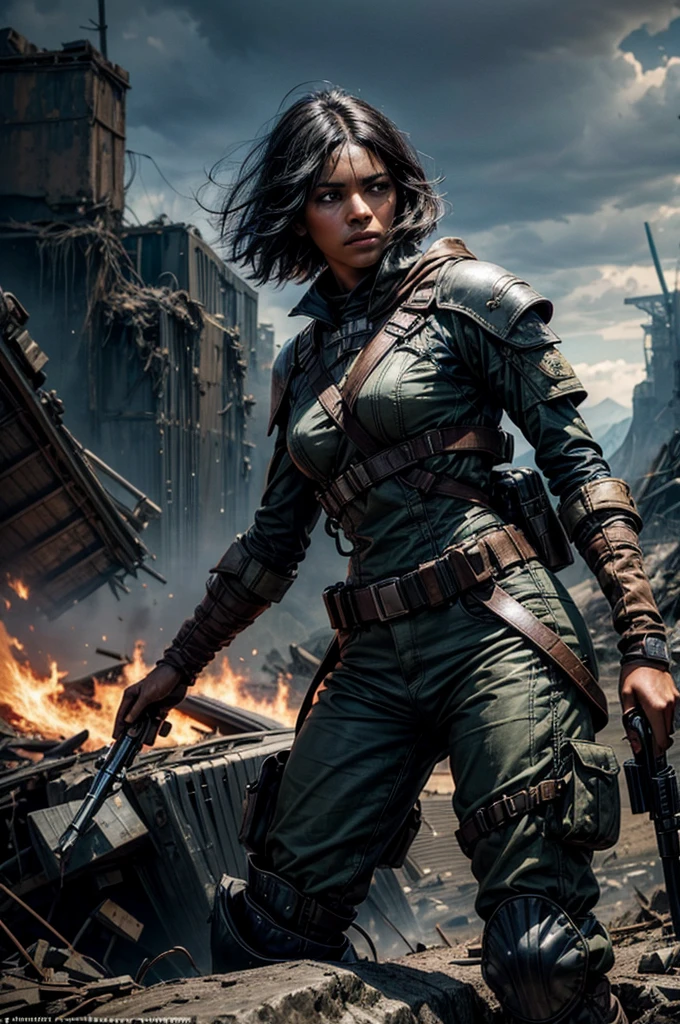 MariaCalavera, dark skin, black hair, short hair, silver eyes, military uniform, cowboy shot, (dynamic pose), (standing in aircraft scrapyard), in valley, BREAK mountains in background, waterfall, crowd, (crowd in military dress), post-apocalypse, dystopian future, bonfires, (volumetric lighting), intricate details, tonemapping, sharp focus, hyper detailed 