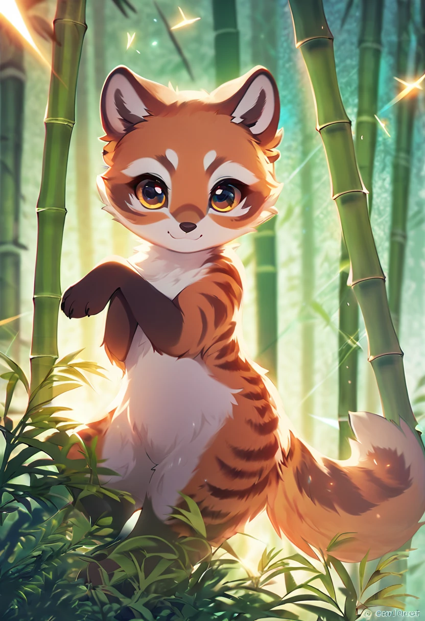 best quality, masterpiece, Ailurus fulgens in the bamboo forest, cute pose, fantasy forest world, gentle sparkling image effects