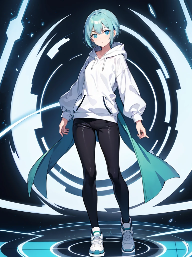 Masterpiece, high quality,(full body 1.2), animated standing portrait, black half pants and white hoodie,(green hair 1.4), anime girl with short green hair and green eyes,(detailed eyes 1.6),(clear eyes 1.4),(beautiful eyes 1.4),(shining eyes 1.4), white cyan, from arc knights , green hair, shining blue eyes, blue eyes, detailed key animated art, animated portrait, shining eyes, Pixiv digital art, girl with blue hair, light blue hair, black half pants, white stockings, 4K