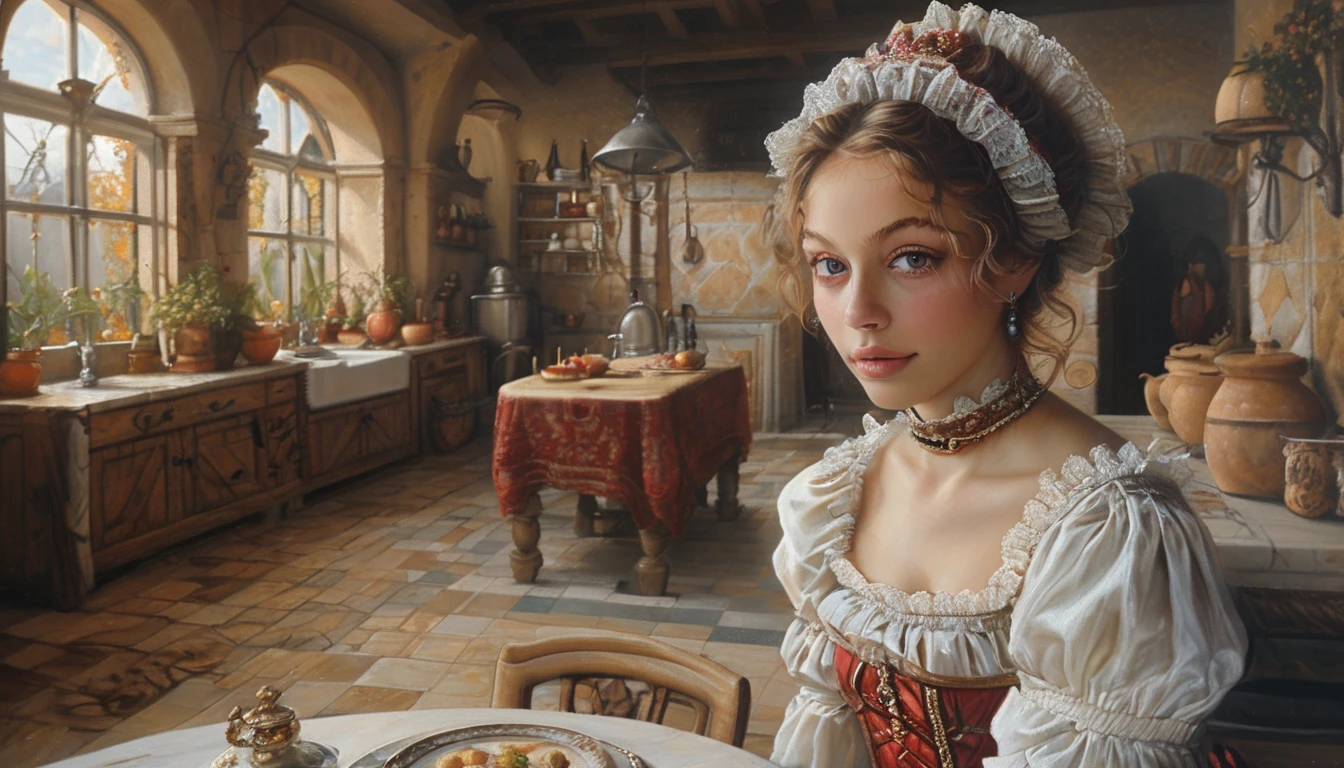 1girl,kitchen,medieval interior,apron,seductive gaze,(best quality,4k,8k,highres,masterpiece:1.2),ultra-detailed,(realistic,photorealistic,photo-realistic:1.37),medieval fashion,female posing,provocative pose,beautiful detailed eyes,beautiful detailed lips,extremely detailed eyes and face,long eyelashes,dramatic lighting,intricate details,chiaroscuro,renaissance art,oil painting,studio lighting,cinematic lighting