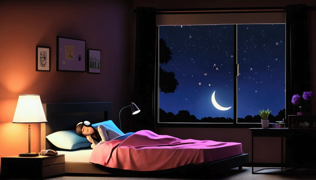 night、Girl sleeping in a cozy room、Use headphones、2D-style animation，Low fidelity，Hard Drive，Dark Environment