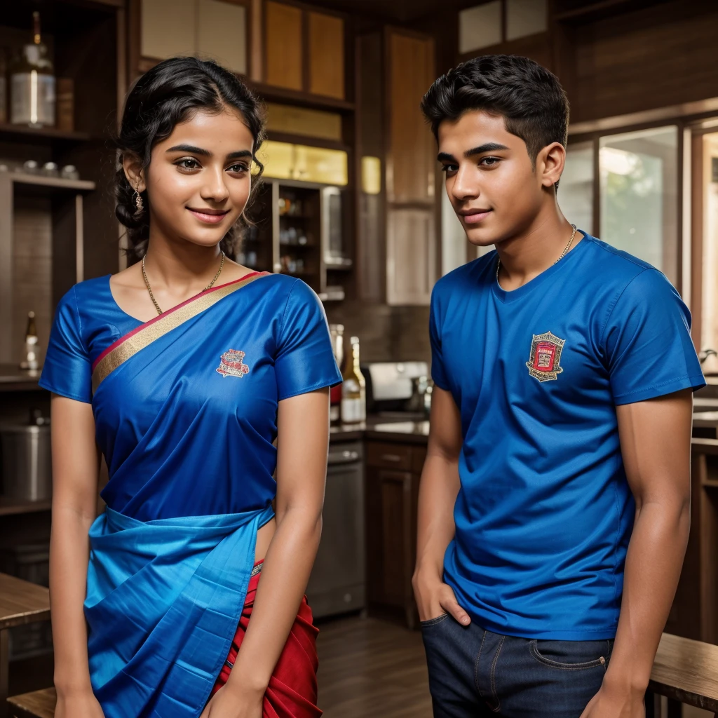 16 year old boy and girl, the boy has a beer bottle in his hand, the boy has spilled beer on the girl's roshnithe boy is wearing a blue shirt, the name abutalib is written on the shirt, the girl is wearing a red saree. She is wearing a saree, smile, name is written, it looks romantic to me, real image in 32k HDR HDR quality