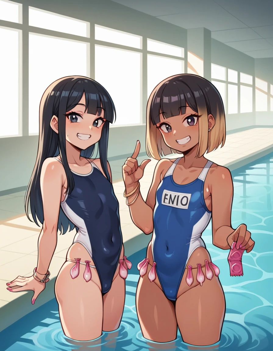 2人の女の子(,young girl ,short stature,gyaru)) ,flat chest,nsfw,plump,one-piece-swimsuit,big head、evilsmiling,black hair,long hair,bobcut.show ass,poolside,condom belt