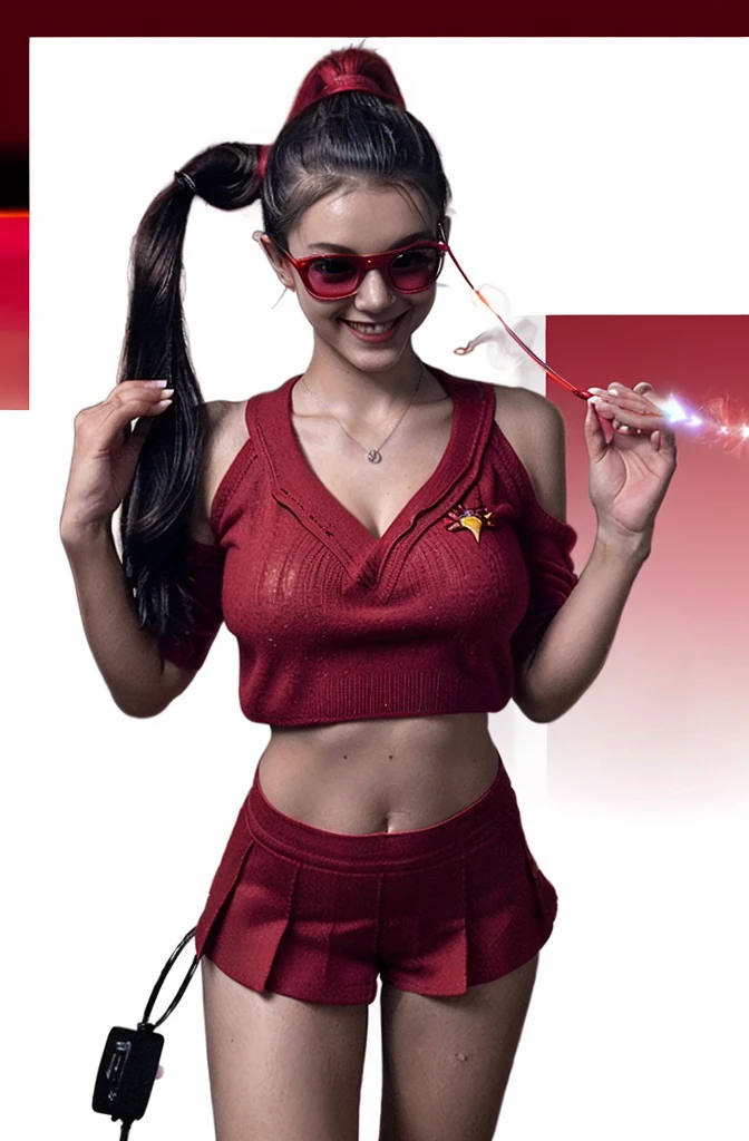 DV_s2_Libby_Vicious (Ponytail:1.4) ((red theme, red backdrop:1.4)) (remote image, Whole body image:1.4) wears a (black sweater:1.4) 35 mm., F/2.8 ((focus photo, DOF, Aperture, detailsอย่างบ้าคลั่งและซับซ้อน, character, Hypermaxalist, elegant, adorn, beautiful, Exotic, reveal, Attractive, charming, enthusiastic, big breasts, Very realistic, มีdetailsมาก, Heretic Flame) (smile:1.4)(volumetric red smoke:1.3) (red lens flare:1.2)(sharpness:1.3)(details:1.3) (remote imageทั้งตัว:1.4)