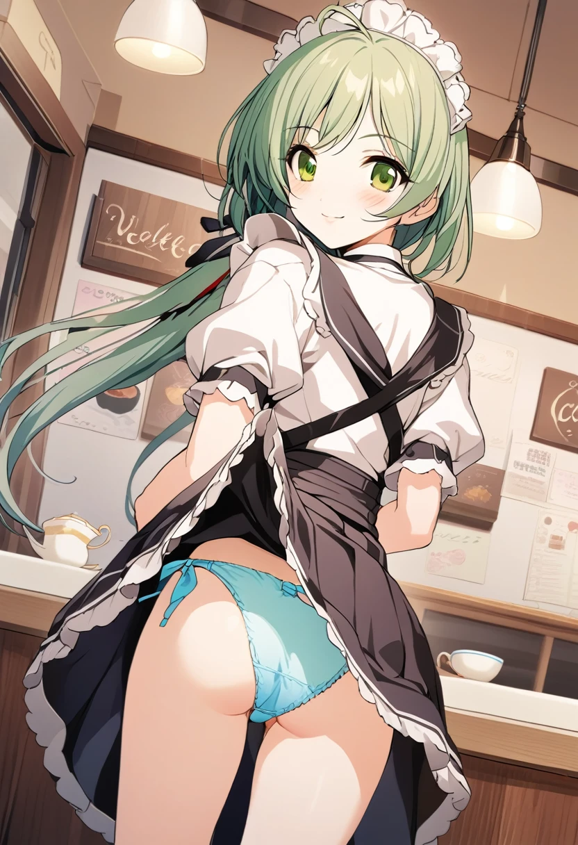 One girl,Kaoru、Gentle expression、smile、Welcome、maid Cafe、Maid outfit、looking back,skirt lift,panty shot,Light green string panties、A complete depiction of the human body、masterpiece, Highest quality, Game CG, ultra detailed、highres、extremely detailed CG