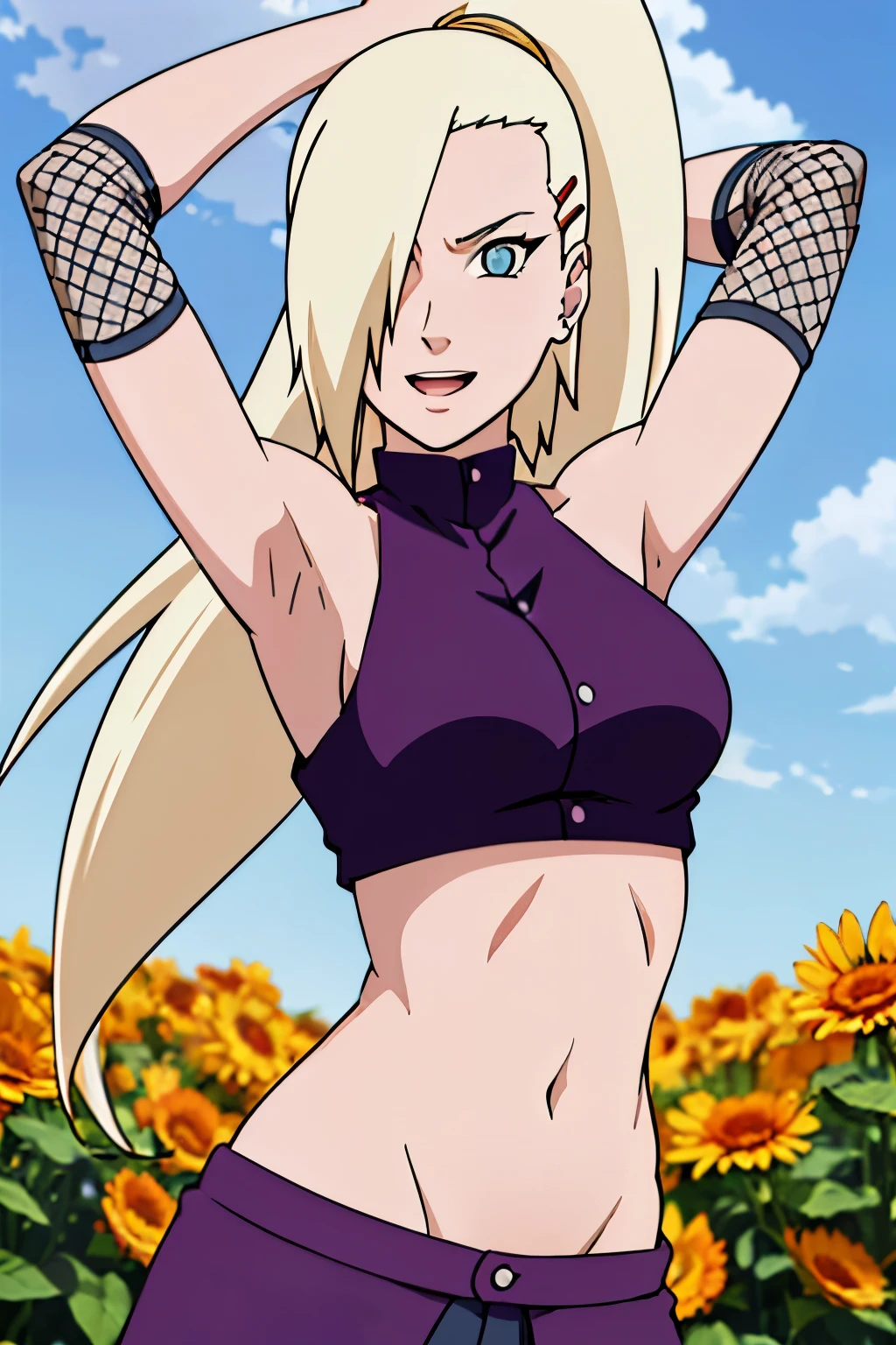 (arms up), Ino yamanaka, looking at the viewer, gorgeous, attractive, groin, cowboy shot, ultra detailed face, sunny day, day time, upper body view, anime style, solo, detailed flower field, blonde, (focus on face), ((one eye covered with hair, hair over eye)), medium breasts, belly button, looking at the viewer, thick arms, (off-shoulders, wide shoulders, curving body), hidden eye, smile, open mouth, very happy, tall, hair clip, sharp look, sharp face, sharp eye, cold colors,