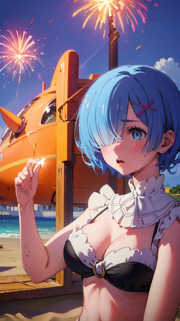 ((Highest quality, 8K, masterpiece :1.3)), 1 Girl, Emphasize slim abs、short hair、Blue Hair、、hair over one eye, Wet body:1.2, Summer night Beach, Highly detailed face, Extremely detailed eye resolution, double eyelid、bikini、Plump Cheeks、Beach、Sculpture Pose、Hair blowing in the wind、Bring your chest together with both hands、blue sky、Low - Angle、Female leopard、Please raise your arms high、(A single firework goes off)、