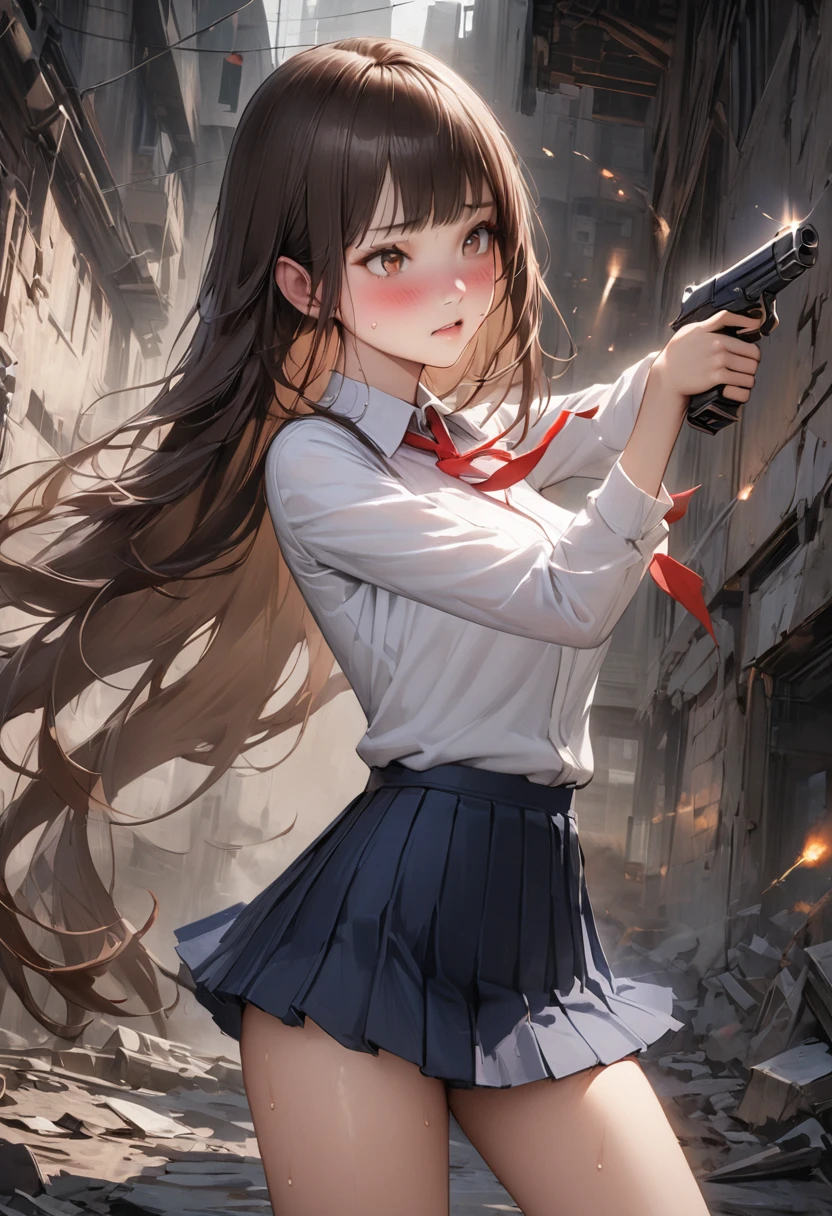 Action Scenes、((A detailed depiction of a woman holding a handgun))、((masterpiece,Highest quality:1.3,best quality illustratio)),(realistic),cowboy shot,独奏,1woman,(18-year-old、Japanese Beauty),dark brown hair,long hair,bangs,brown eyes,gorgeous eyes,(very small head:1.3),blush,Heavy breathing,.(very long body:1.2,skinny),medium breasts,(Red ribbon tie、White long sleeve collared shirt、Navy blue pleated mini skirt),gleaming skin,toned body,slender body,sweat,(shooting、Firing stance),Ruined city、Collapsed building、、World of Blade Runner、