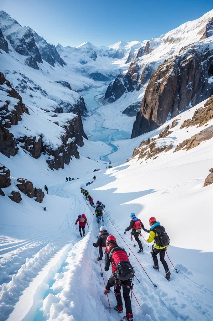 A line of middle age people, climbing a mountain of ice and snow