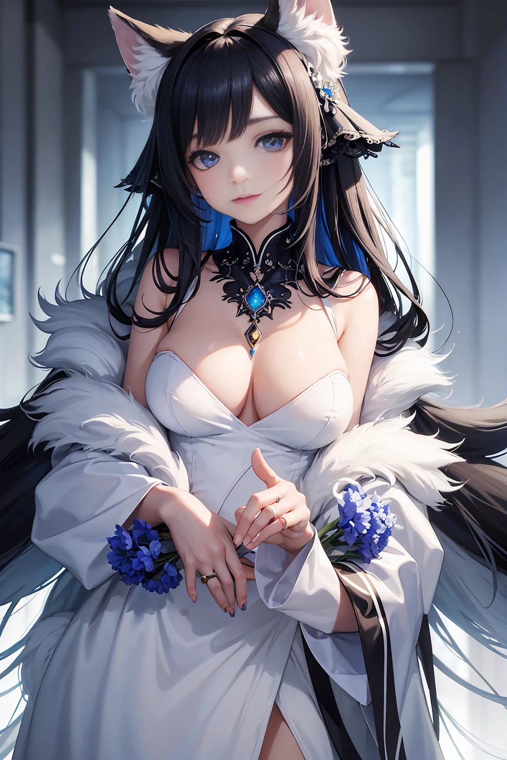 monochrome, watercolor, highres, top quality, best quality, paid reward available, High-quality illustrations, unparalleled masterpiece, perfect artwork, absurdres, 1girl, kemono, furry, detailed body fur, animal face, animal hand, Archaic Smile, holding a cluster of Blue iris in both hands, which are positioned at chest level, She is wearing a simple ring on the ring finger of her left hand, unfocused spread o Blue iris, fan-created work shared on platforms Pixiv or ,