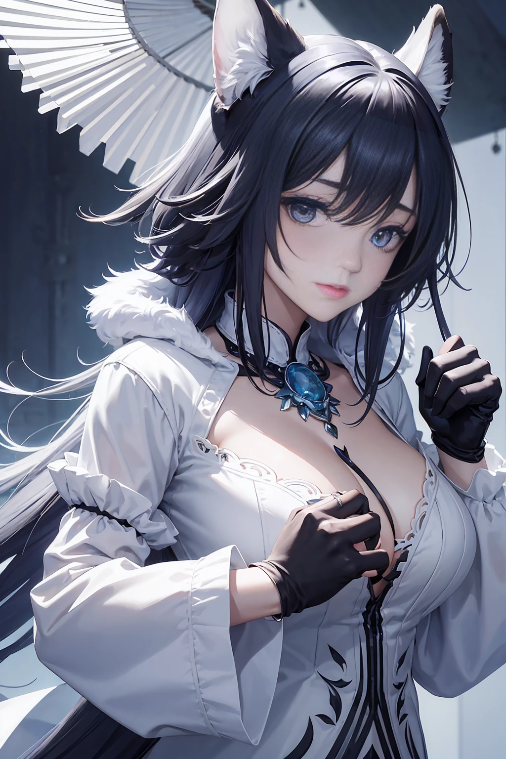 monochrome, watercolor, highres, top quality, best quality, paid reward available, High-quality illustrations, unparalleled masterpiece, perfect artwork, absurdres, 1girl, kemono, furry, detailed body fur, animal face, animal hand, Archaic Smile, holding a cluster of Blue iris in both hands, which are positioned at chest level, She is wearing a simple ring on the ring finger of her left hand, unfocused spread o Blue iris, fan-created work shared on platforms Pixiv or ,