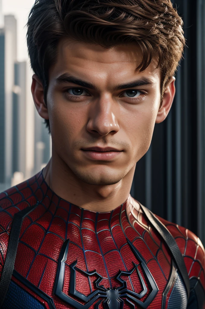 A photograph of spider man, no mask, 20 yo, handsome, detailed face, looking at camera, portrait, 8k uhd, high quality