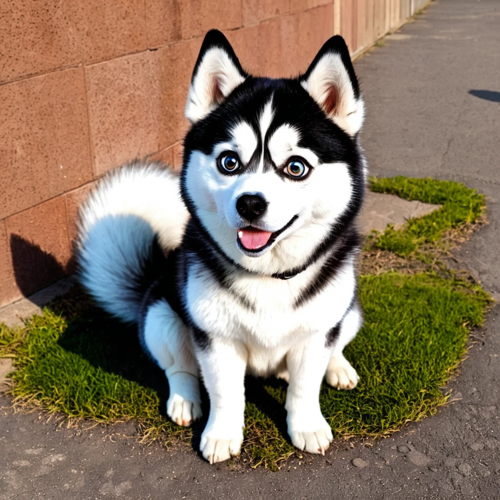 Cartoon husky dog sitting on the ground with big eyes


