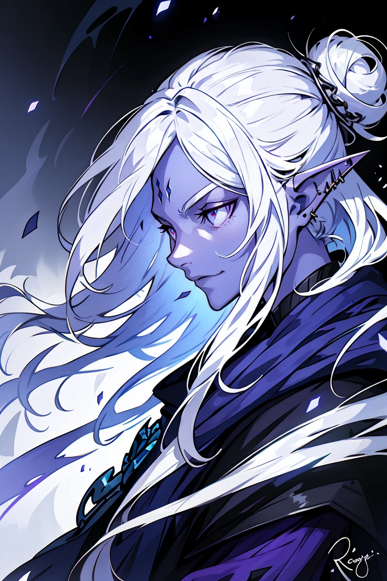 drow, white hair with purple low-ombre dye, male, pointy ears, solo, Calm slightly smile, elf, long hair, colored skin, white hair, blue grey skin, jewelry, earrings, bun hair, long hair, black adventuring clothes with silver and purple accent, lavender purple eyes, profile, upper body, from side, signature, piercing, artist name, ear piercing, nose, lipasterpiece, best quality)), art by greg rutkowski
