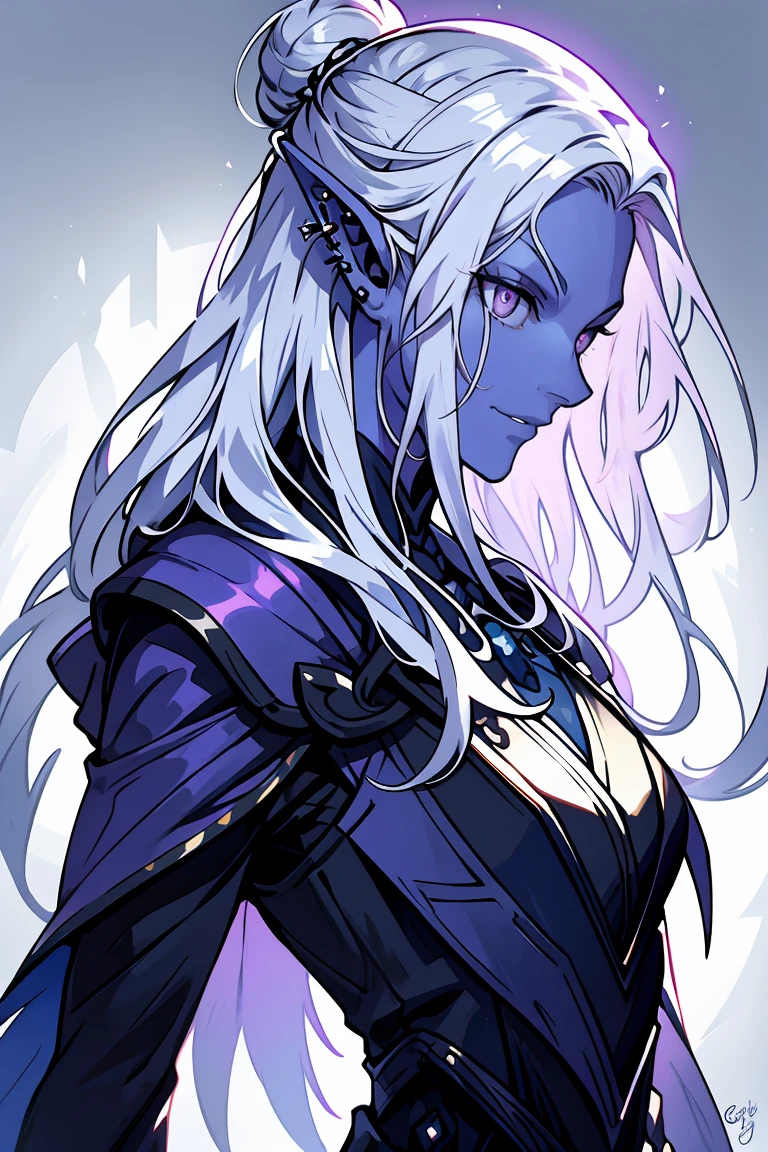 drow, white hair with purple low-ombre dye, male, pointy ears, solo, Calm slightly smile, elf, long hair, colored skin, white hair, blue grey skin, jewelry, earrings, bun hair, long hair, black adventuring clothes with silver and purple accent, lavender purple eyes, profile, upper body, from side, signature, piercing, artist name, ear piercing, nose, lipasterpiece, best quality)), art by greg rutkowski