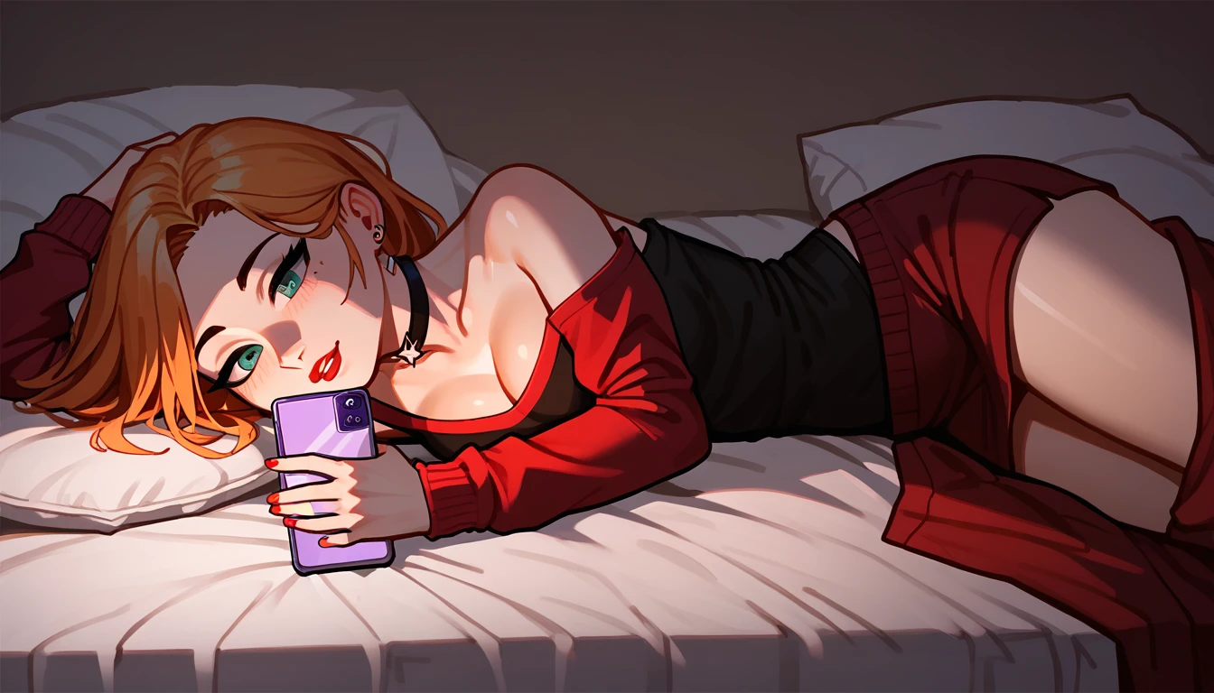 1 girl holding a phone in her hands, looking at the phone, lying on the bed
score_9,score_8_up,score_7_up,score_6_up,score_5_up,