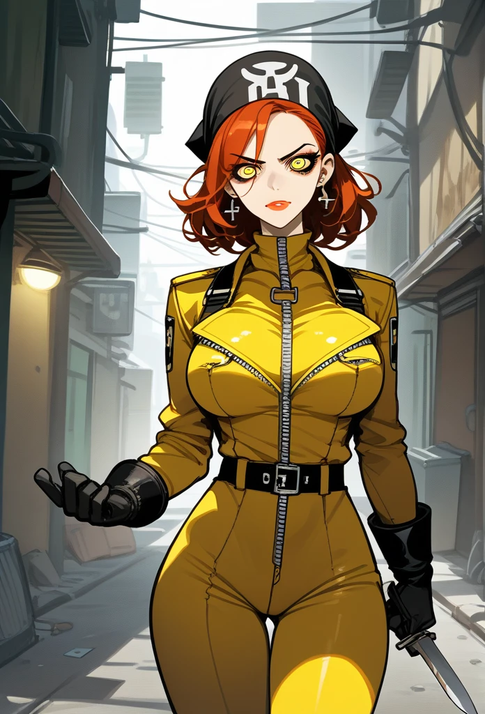 masterpiece, best quality, mature woman, mature face, trimmed hairstyle, red hair, mature face, hot face, glossy lips, gobby lips, sharp eyes, big breasts, voluptuous body, golden eyes, (bandit outfit, bandit bandana), looking at viewer, tough appearance, alley, (looking serious), lunatic face, lunatic smile, (glaring eyes, piercing eyes), lunatic expression, (holding dagger) 