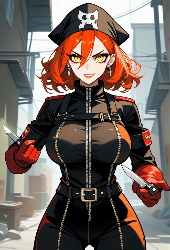 masterpiece, best quality, mature woman, mature face, trimmed hairstyle, red hair, mature face, hot face, glossy lips, gobby lips, sharp eyes, big breasts, voluptuous body, golden eyes, (bandit outfit, bandit bandana), looking at viewer, tough appearance, alley, (looking serious), lunatic face, lunatic smile, (glaring eyes, piercing eyes), lunatic expression, (holding dagger)