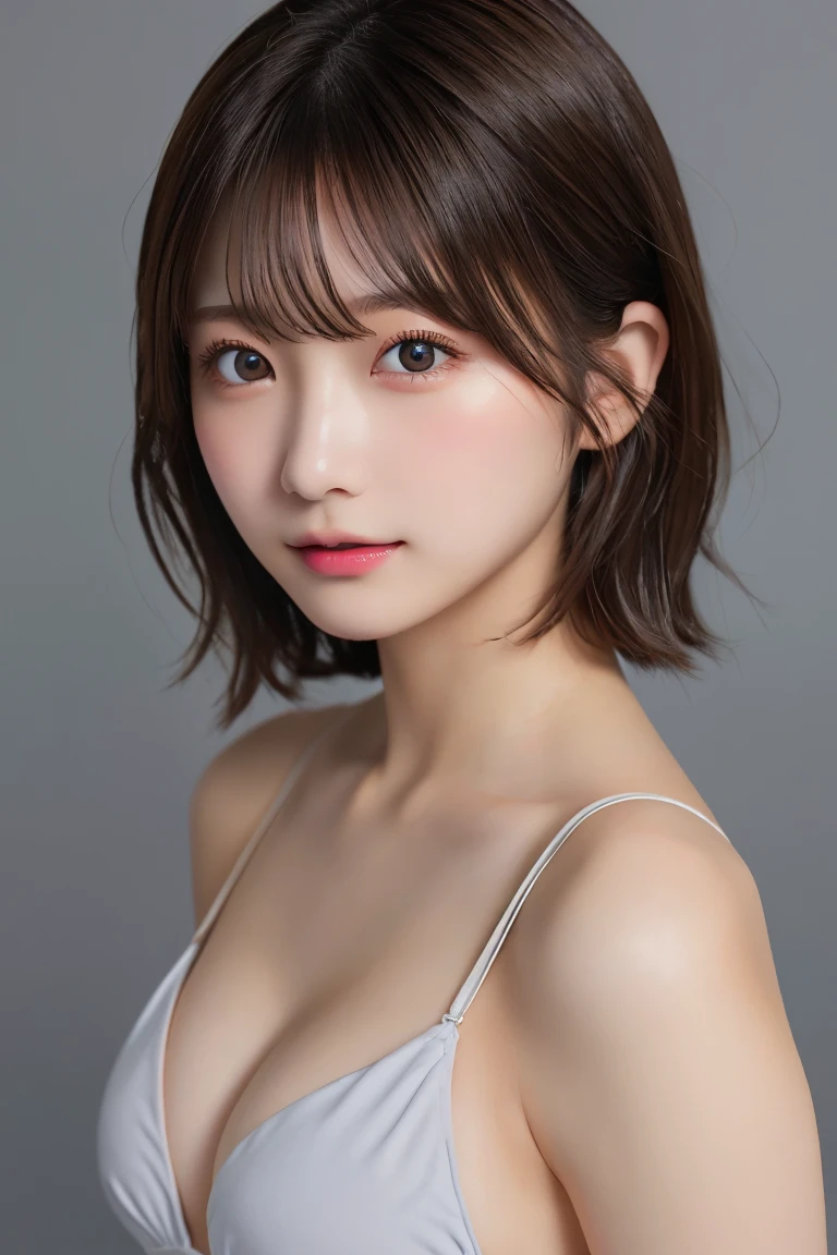 (8K.Highest quality), (beautiful)、Very delicate eyes、Brown eyes、22-year-old female、Brown Hair、looking at the camera、Semi-short hair、Gal、Soft boobs、Upper Body、Micro Bikini、Natural lips、Gray background