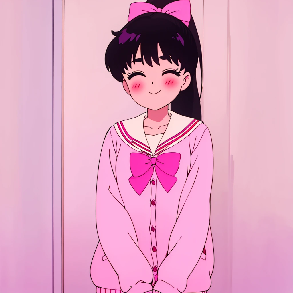 1girl, v, pink cardigan, sailor collar, heart, sleeves past wrists, pink jacket, smile, bow, closed eyes, white sailor collar, solo, blush, ponytail, pink bow, pink sweater, hair bow, cardigan, long hair, closed mouth, long sleeves, bangs, black hair, upper body, white background, neckerchief, serafuku, , simple background, eyebrows visible through hair, facing viewer, shirt, collarbone