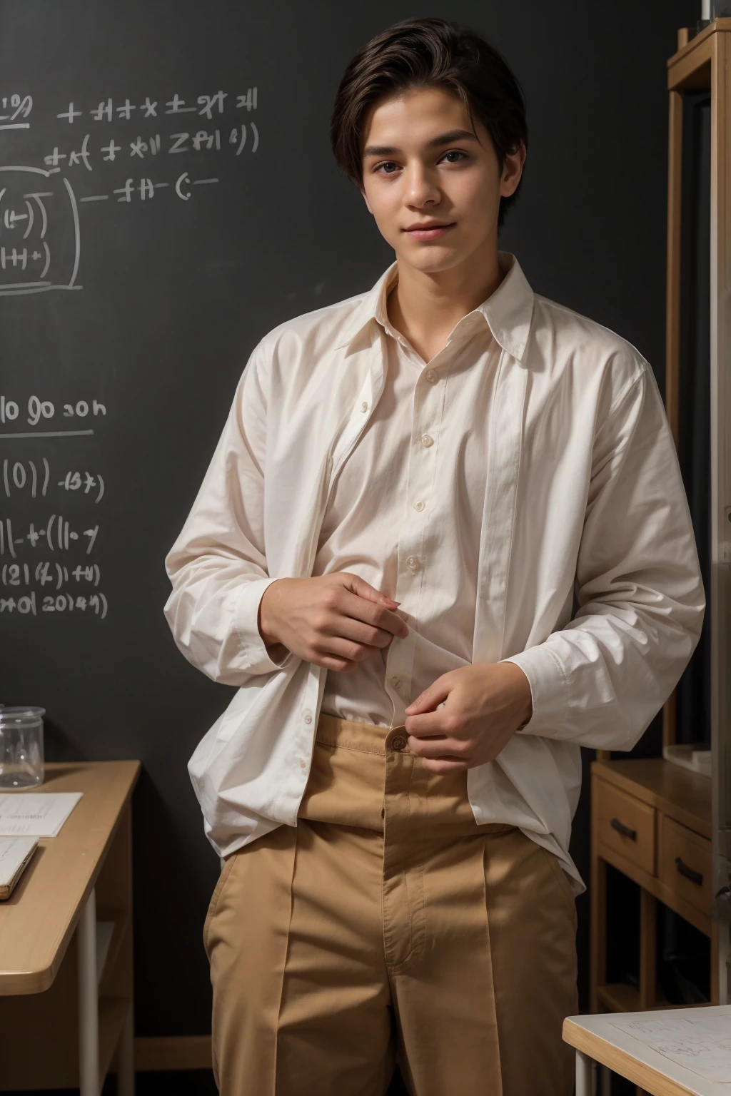 A beautiful young male twink with black hair and a face with make-up on it. He has a white face and he is wearing a white long-sleeved shirt with a tight fit and aqua blue pants. He is in his scientific office and behind him is a blackboard on which is written the shape of the brain and its anatomy and mathematical equations and he is sitting. On a desk