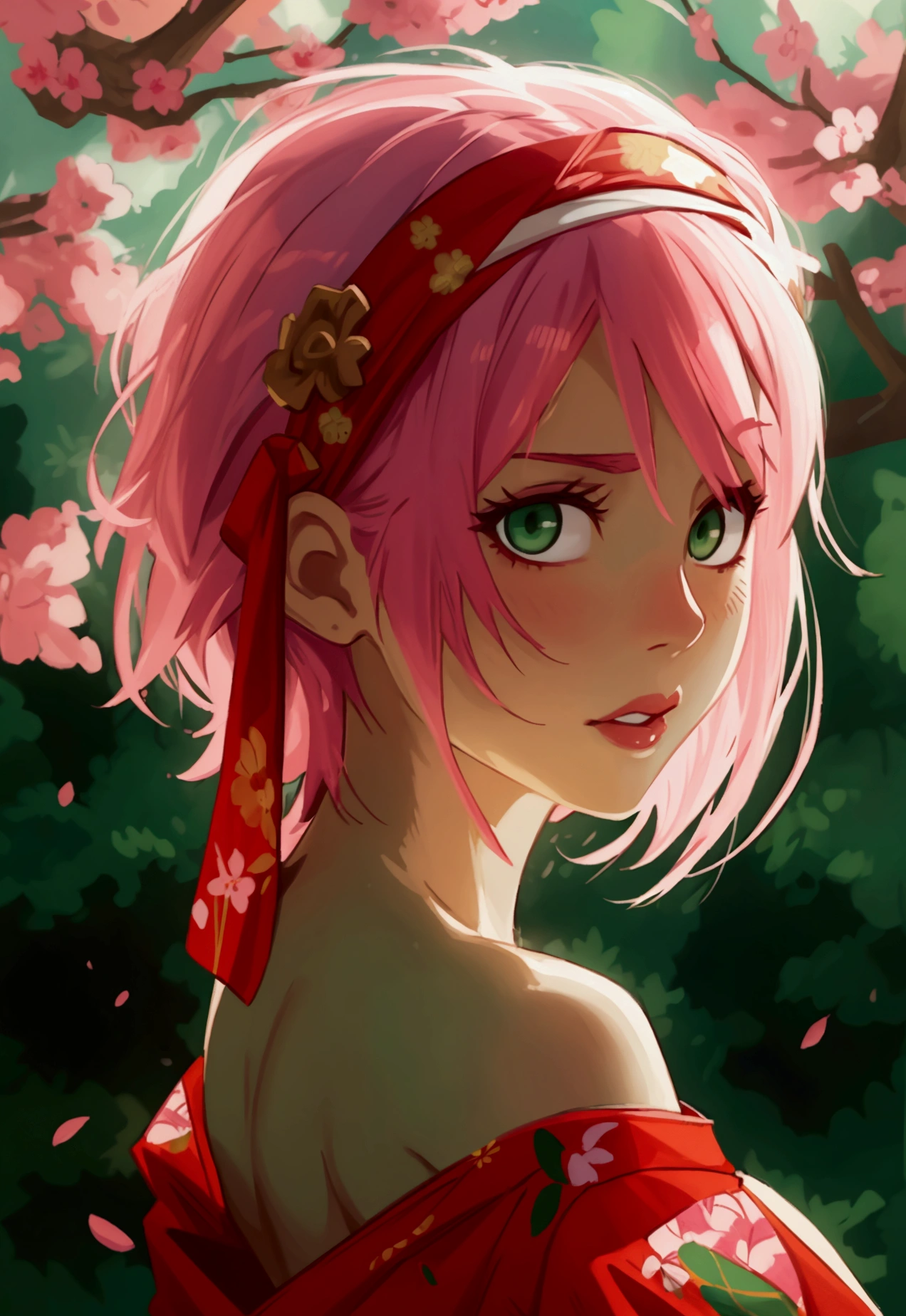 (masterpiece:1.2, best quality), 1girl,solo, large breasts, 3/4 body, headband, pink hair, short hair, green eyes, lipstick, red dress, bare shoulder, looking back, sakura, haruno_sakura, naked, sexy, transparent kimono.