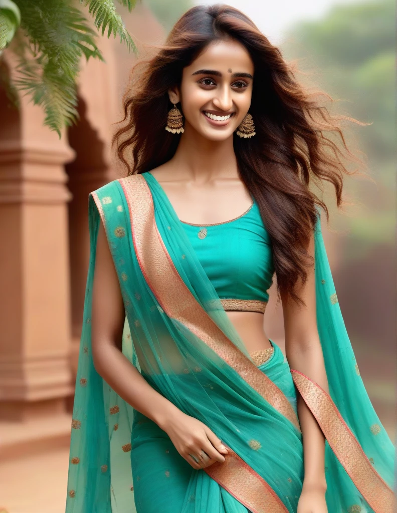 hires photo of Disha Patani woman studio quality, laughing, looking straight at viewer, traditional indian dress, flowing hair, outdoors, realistic skin texture 