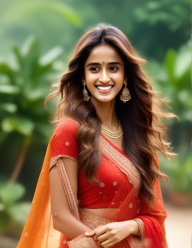 hires photo of Disha Patani woman studio quality, laughing, looking straight at viewer, traditional indian dress, flowing hair, outdoors, realistic skin texture 