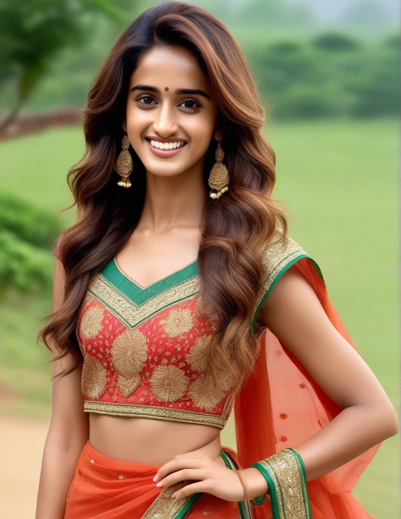 hires photo of Disha Patani woman studio quality, laughing, looking straight at viewer, traditional indian dress, flowing hair, outdoors, realistic skin texture 