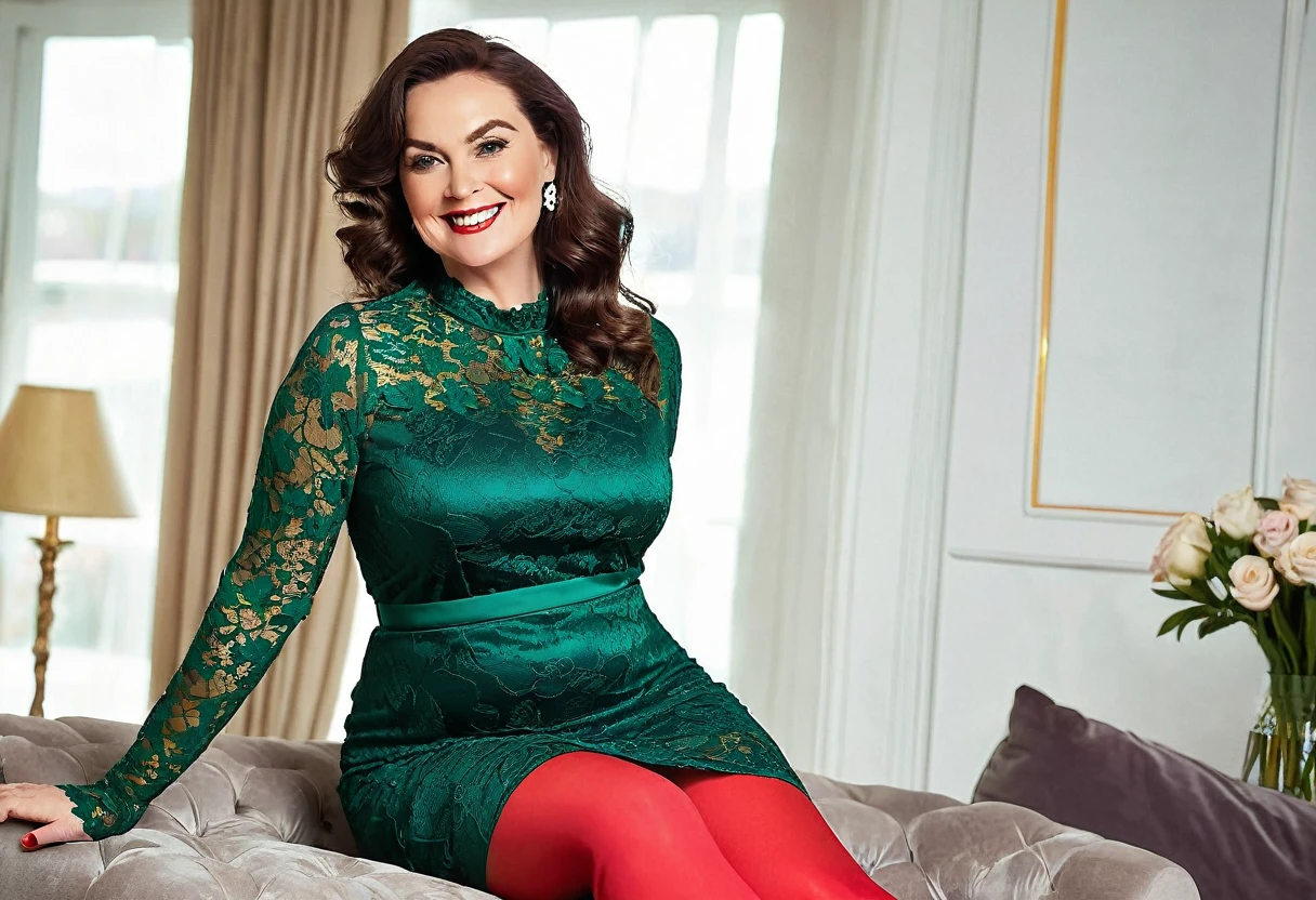 A self-confident 38-year-old Irish woman who embodies confidence and seduction, Dressed in bold stockings AND A Bold LACE DRESS, she captivates fascination with her curvaceous figure. Her charming smile and luminous skin evoke sensual charm, SHE IS IN YOUR HOUSE