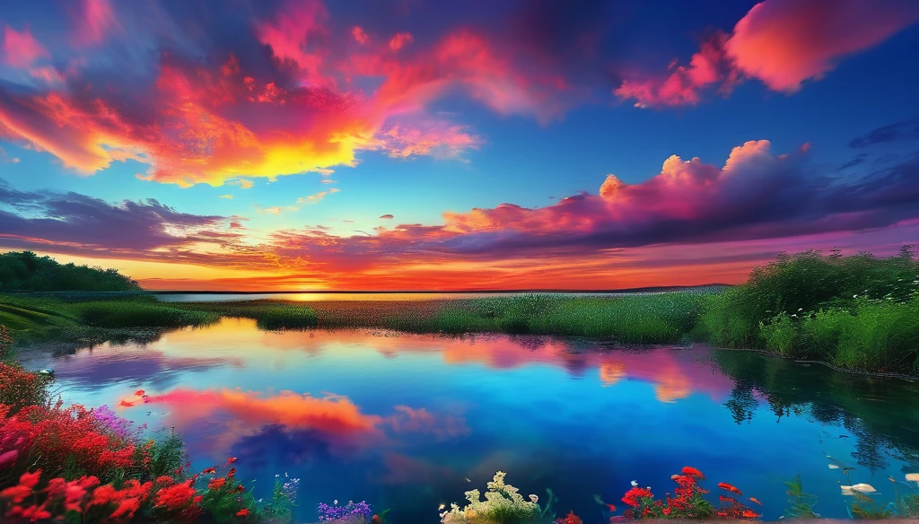 There is a beautiful sunset, the hillside is covered with flowers and plants, the flowers are up close, the colorful sky, the surreal colors, the colorful sunsets, the colorful sky, the marvelous sky reflection, the amazing sky, the fantastic atmosphere 8K, the colorful clouds, the color reflection on the lake, the surreal sky, the red and blue reflection, the fire reflection, the beautiful sky, the beautiful and spectacular dusk, the beautiful dream landscape, the amazing sky
