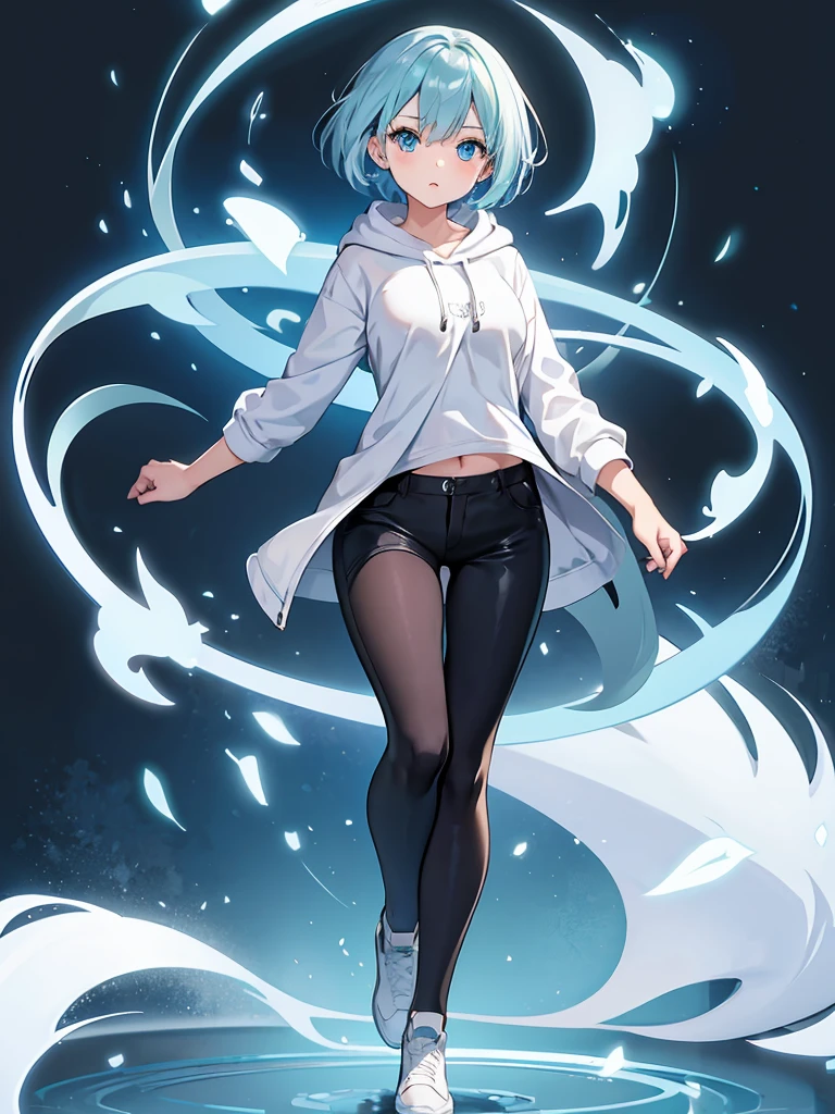 Masterpiece, high quality,(full body 1.2), animated standing portrait, black half pants and white hoodie,(green hair 1.4), anime girl with short green hair and green eyes,(detailed eyes 1.6),(clear eyes 1.4),(beautiful eyes 1.4),(shining eyes 1.4), white cyan, from arc knights , green hair, shining blue eyes, blue eyes, detailed key animated art, animated portrait, shining eyes, Pixiv digital art, girl with blue hair, light blue hair, black half pants, white stockings, 4K