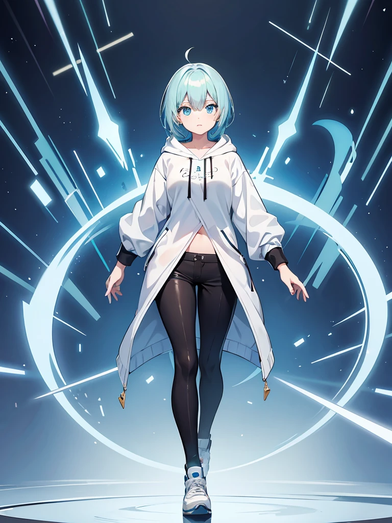 Masterpiece, high quality,(full body 1.2), animated standing portrait, black half pants and white hoodie,(green hair 1.4), anime girl with short green hair and green eyes,(detailed eyes 1.6),(clear eyes 1.4),(beautiful eyes 1.4),(shining eyes 1.4), white cyan, from arc knights , green hair, shining blue eyes, blue eyes, detailed key animated art, animated portrait, shining eyes, Pixiv digital art, girl with blue hair, light blue hair, black half pants, white stockings, 4K