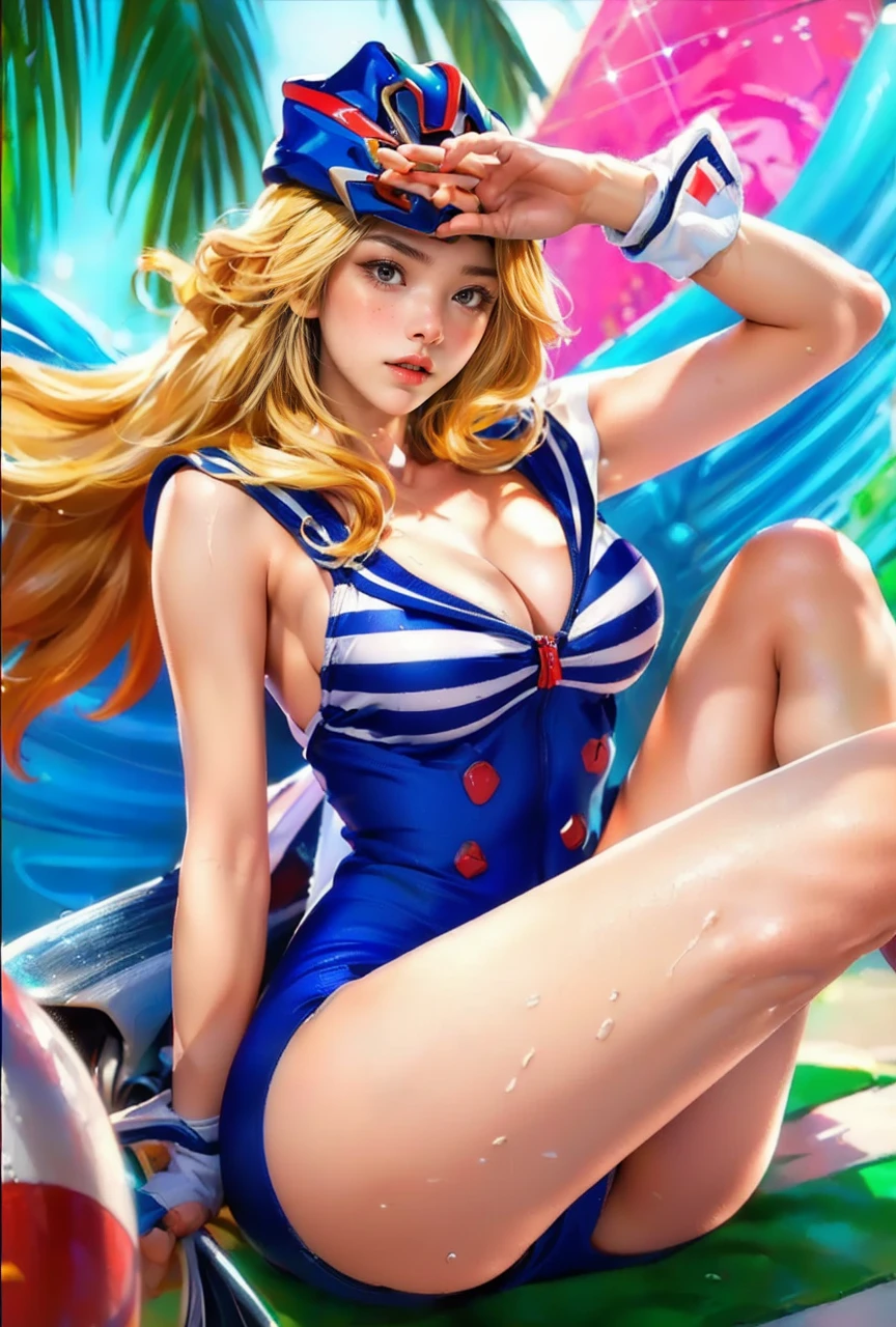 ((masterpiece, highest quality, Highest image quality, High resolution, photorealistic, Raw photo, 8K)), Olympic cyclist, wearing racing clothes and helmet, wet body, leaning forward, sweat splashing and glistening, spectator stands and lights in background,