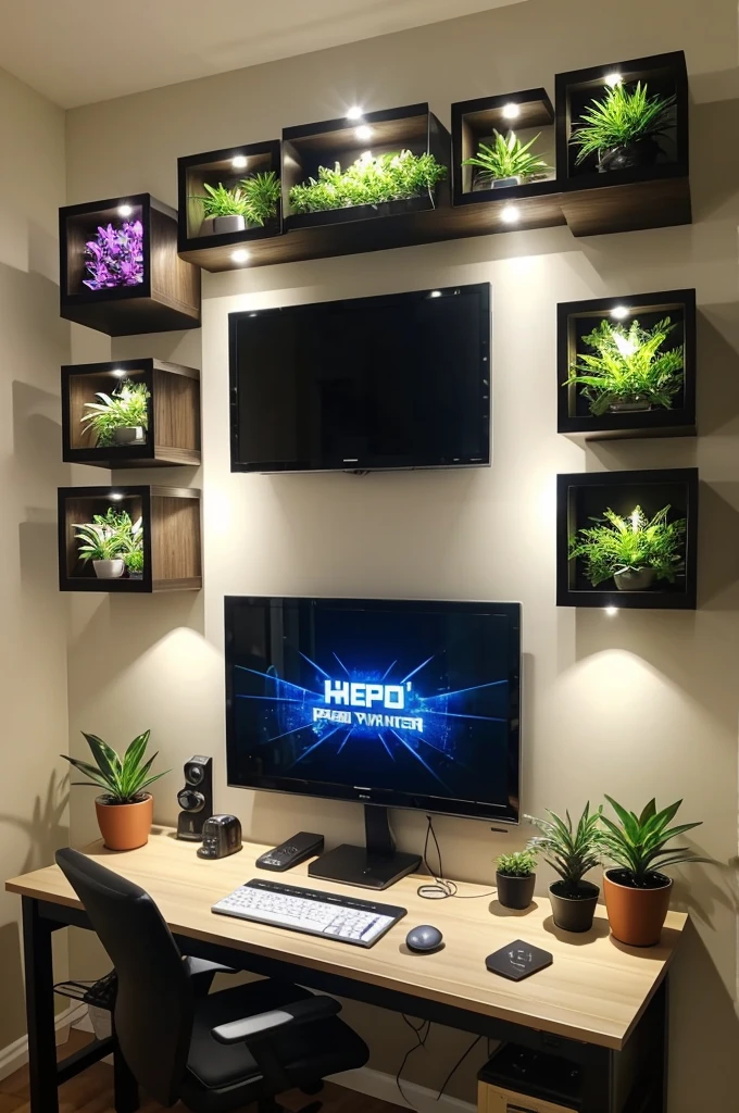 Gaming setup with hexagonal LEDs and artificial plants on the wall