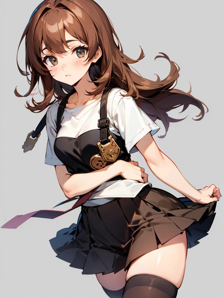 (Masterpiece, Best Quality:1.3), 1Girl, :<, Small breasts, (covered , Nipple erection:0.8), indoor, (Sandy Brown Colored Hair, Long-layered hair:1.32), Black eyes, sound, fang, random clothes, Dynamic angle, dynamic pose